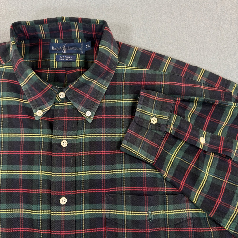 Ralph Lauren Big Shirt Mens XL Green Red Plaid Cotton Oxford Button Down L/S